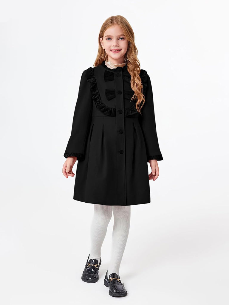 Girls Dress Coat Kids Ruffle Button Down Cute Bow Long Winter Jackets with Pockets