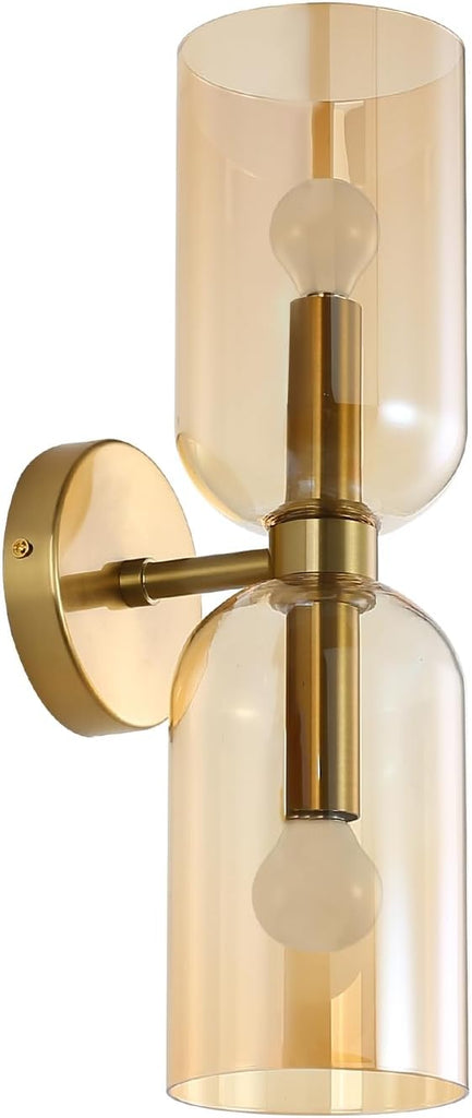 Minimalist 2-Light Gold Wall Sconces with Cylinder Glass Shades- Mid Century Vanity Wall Double Lights Hardwired
