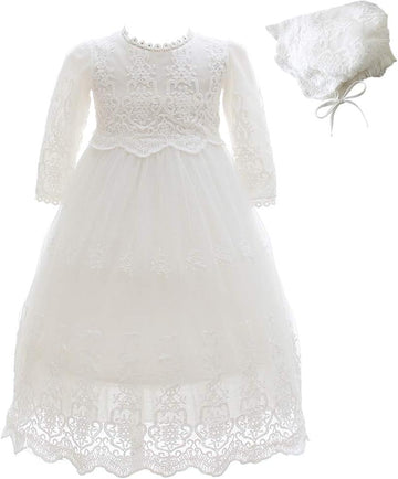 Baby Girls Long Sleeve Baptism Dress Floral Embroidery Christening Blessing Gown