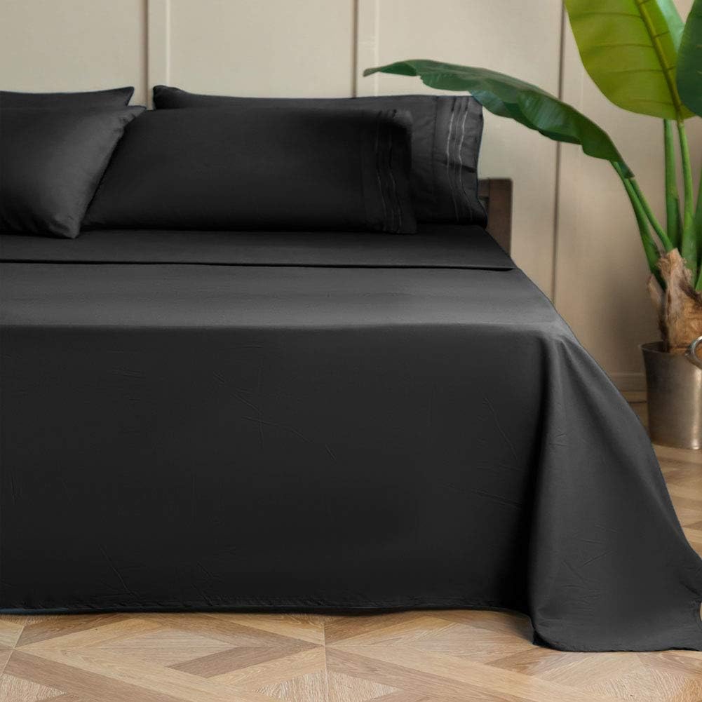 Bed Sheet Set Super Soft Microfiber Luxury Egyptian Sheets 16-Inch Deep Pocket, Wrinkle-4 Piece(Black, Full)