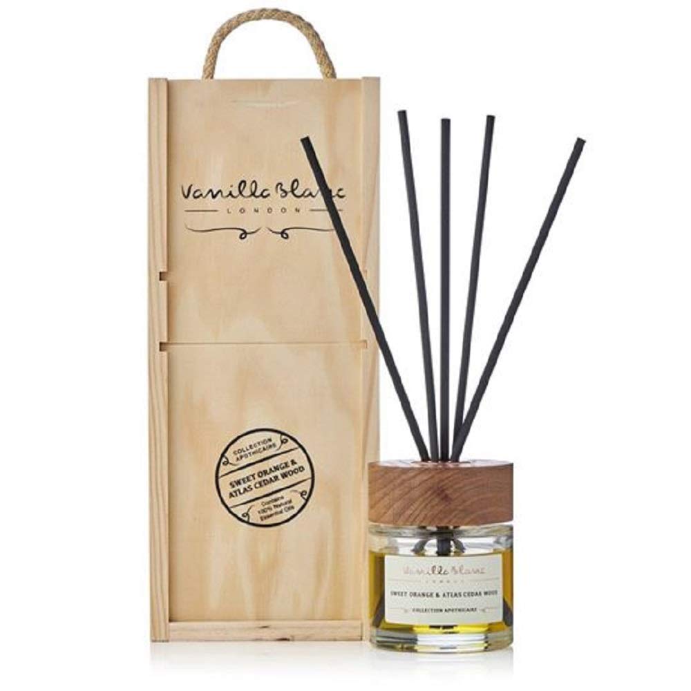 Natural Reed Diffuser & Candle Gift Set Encased in Signature Hand Crafted Wooden Box (Sweet Orange & Atlas Cedar Wood)