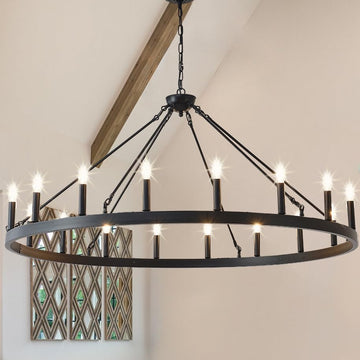 Inspired Camino Style Chandelier - 53 Inch Large Black Wagon Wheel Chandelier 18-Light Farmhouse Wagon Wheel Chandeliers Round Industrial Ceiling Light fixtures for Outdoor Porch high Ceilings Living Dining Room Foyer Entryway A105-B0D1V31HHL