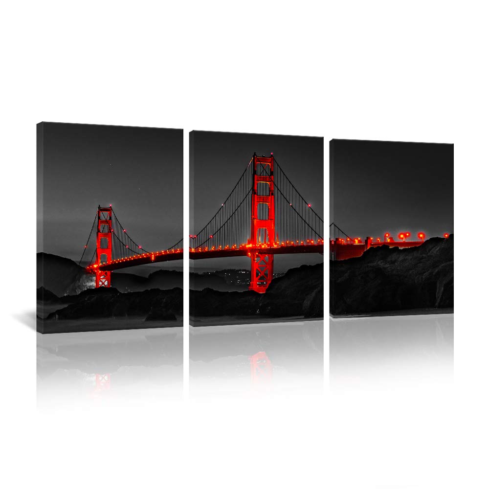 3 piece Large Black and Red Wall Set Golden Gate Bridge Skyline Canvas Wall San Francisco Bay Area Landscape Pictures