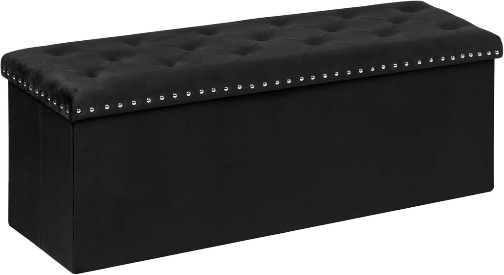 Black Storage Ottoman Bench , Folding Velvet Chest with Benches Foot Rest Stool, Large Long Shoes Chest
