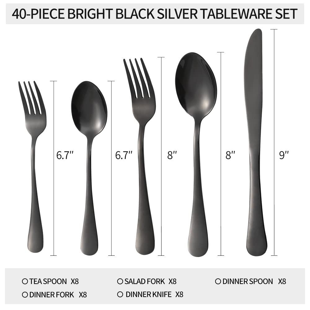 Black Silverware Set, 40 Piece for 8, Stainless Steel