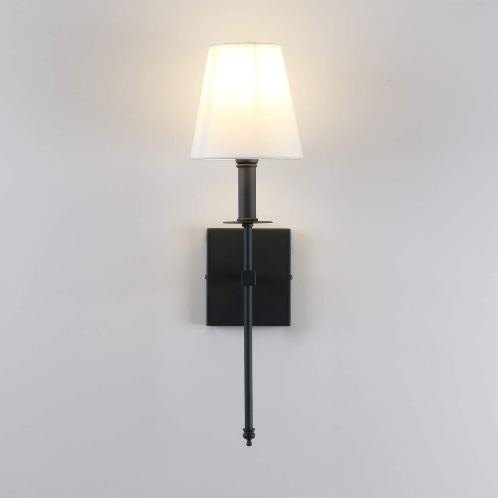 Set of 2 Classic Rustic Industrial Wall Sconce Lighting Fixture with Flared White Textile Lamp Shade and Black