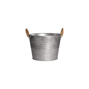 Decorative Planter - Round Galvanized Bucket w/Rope Handles - 12 Inch Metal Tub Bucket Planter for Outdoor Plants