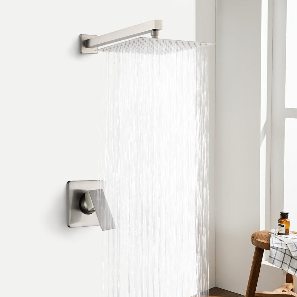 Shower Faucet Set Brushed Nickel Bathroom Rainfall 10 Inch Shower Head System Single Handle Shower Trim Kit with Valve