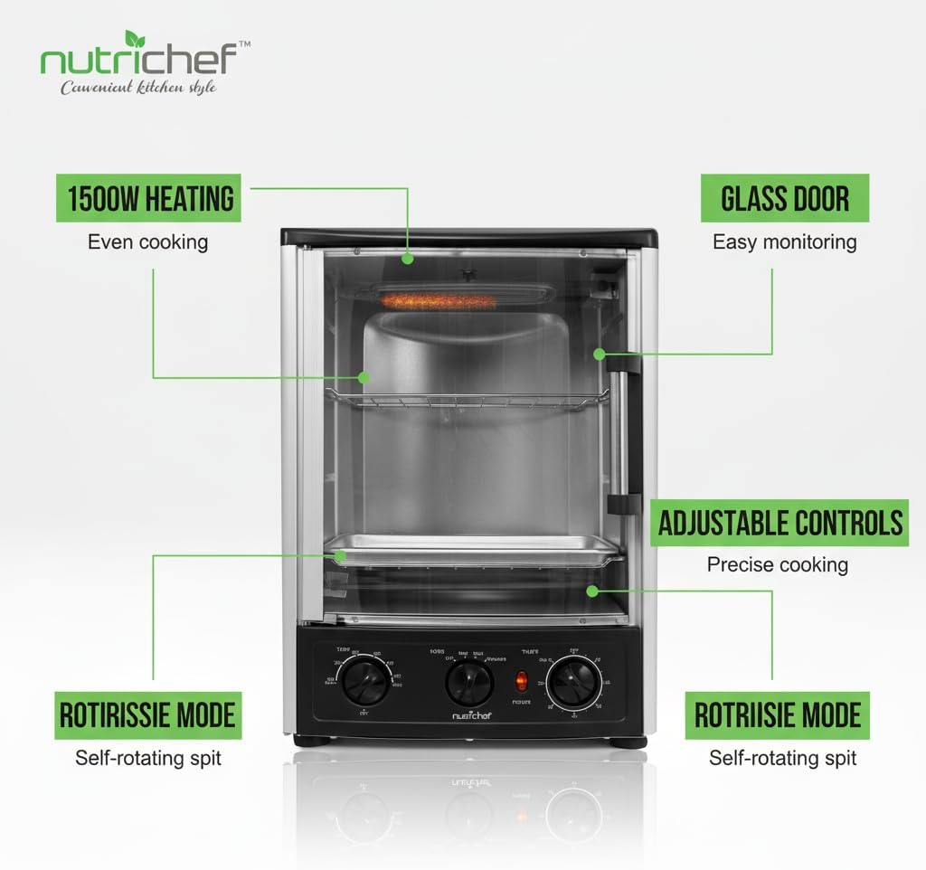 Multi-Function Rotisserie Countertop Oven | 24 Quart Vertical Glass Door Convection Oven, for Rotisserie Roasting &