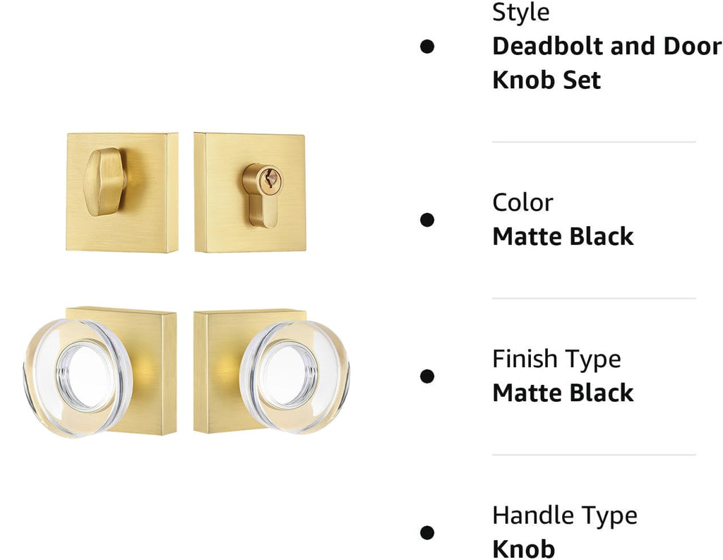 Single Cylinder Deadbolt and Crystal Glass Passage Door Knob Combo Set, Satin Brass Finish