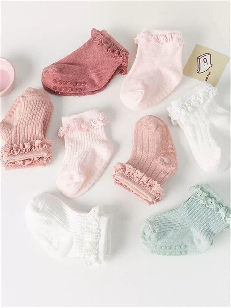 Baby Girl Toddlers Socks with Non-slip Grip Cute Frilly Ruffle Ankle Soft Cotton Baby Socks for Infant Kids