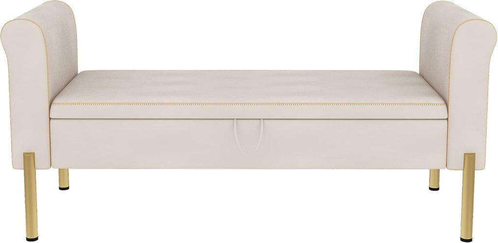 Modern Blue Velvet Storage Bench End of Bed Bench Ottoman, Upholstered Armed Entryway Bench Long Settee