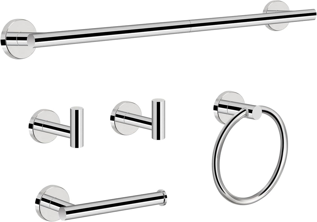 5 Pieces Bathroom Hardware Set SUS304 Thicken Stainless Steel-Towel Rack Kit Include 24" Towel Rod + Bath Towel Ring