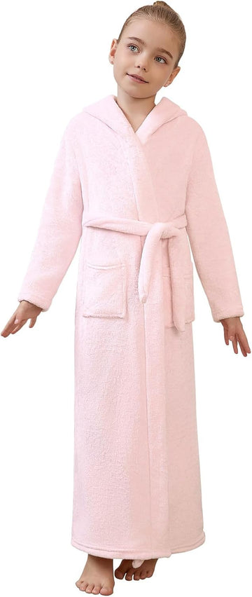 Girls Bathrobes Kids Long Hooded Robes Plush Full Length Coral Fleece Pajamas Sleepwear