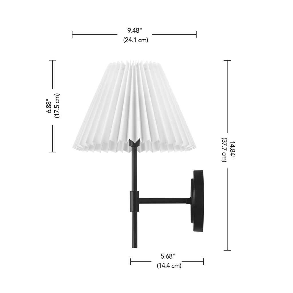 Wall Sconce, Matte Black, White Pleated Fabric Shade, E12 Base Socket, Candelabra Bulb, Living Room Lighting