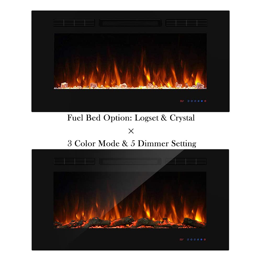 36" WiFi Smart Recessed Electric Fireplace Insert, 5 Flame Settings, Log Set or Crystal Options, Temperature Control