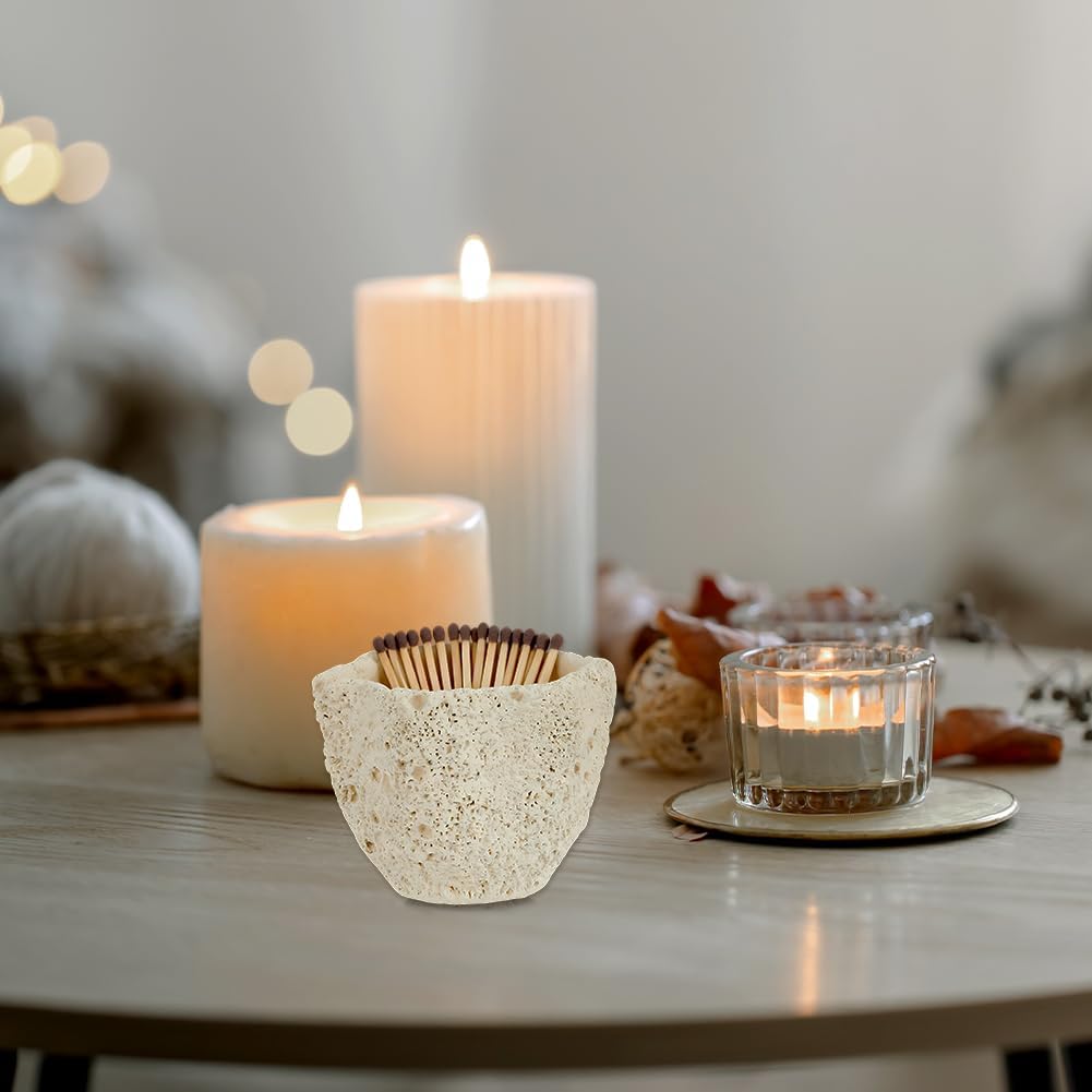 Decorative Match Holder Concrete Cute Match Jar Beige Matchstick Organizer Modern Home Decor Gifts Handmade - Set of 2