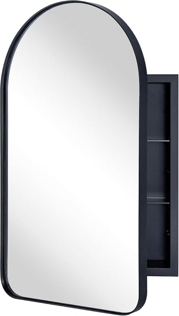 Matt Black Arched Recessed Bathroom Medicine Cabinet with Mirror Stainless Steel Metal Framed Rectangular Bathroom