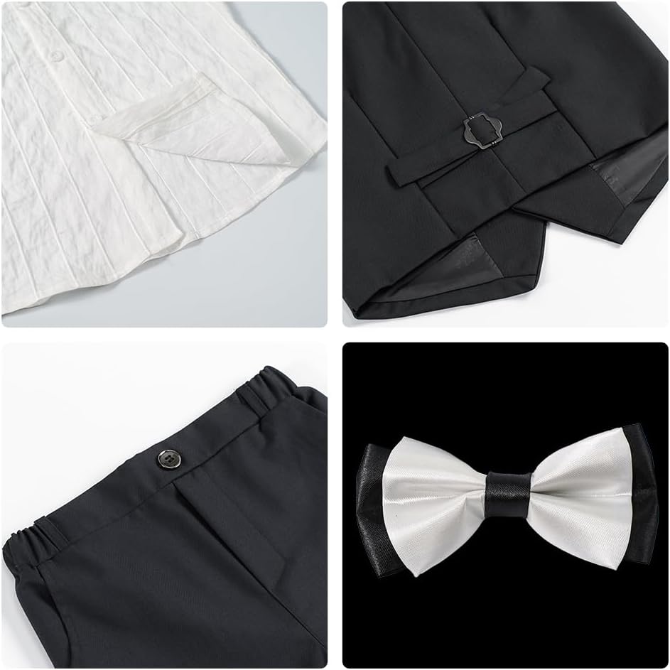 4Pcs Boys Suit, Kids Summer Dress Outfits Shirt Vest Shorts Bow Tie