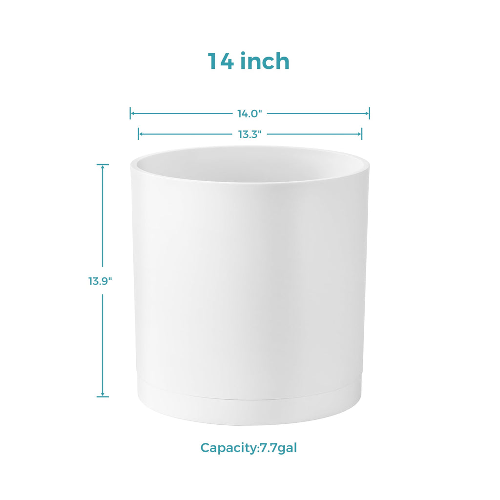 14-Inch Large Modern Cylinder Planter, Thick-Walled Plastic Plant Pot with Drainage Holes and Detachable Saucer