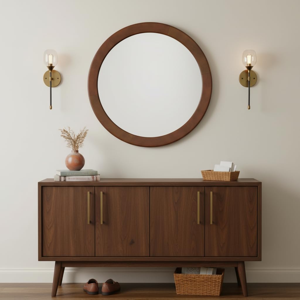 Round Mirrors 28 Inch,Wood Vanity Wall Rustic Mirror With Walnut Frame