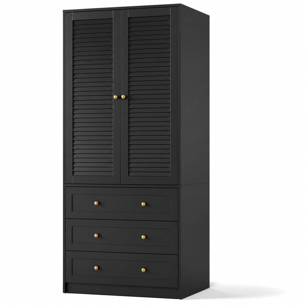 70" Wardrobe Armoire Wooden Closet with 2 Doors and 3 Drawers, Black