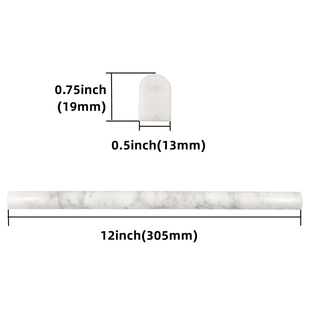 15 Pack 0.5"X12" Carrara White Marble Pencil Liner Tile, Polished Marble Tile Edge Trim Backsplash, Bathroom