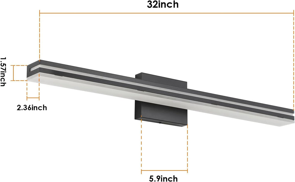 LED Modern Bathroom Vanity Light Bar (32-Inch, 3000K/4000K/6000K), Matte Black Dimmable Modern Acrylic Bathroom Wall