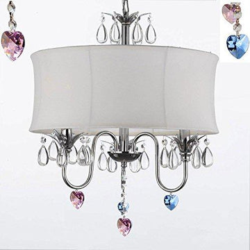 Crystal Chandelier Chandeliers With Large White Shade And Blue And Pink Crystal Hearts W18" H 22" - Perfect For Kids' And Girls Bedrooms - J10-B85/B21/White/26033/3