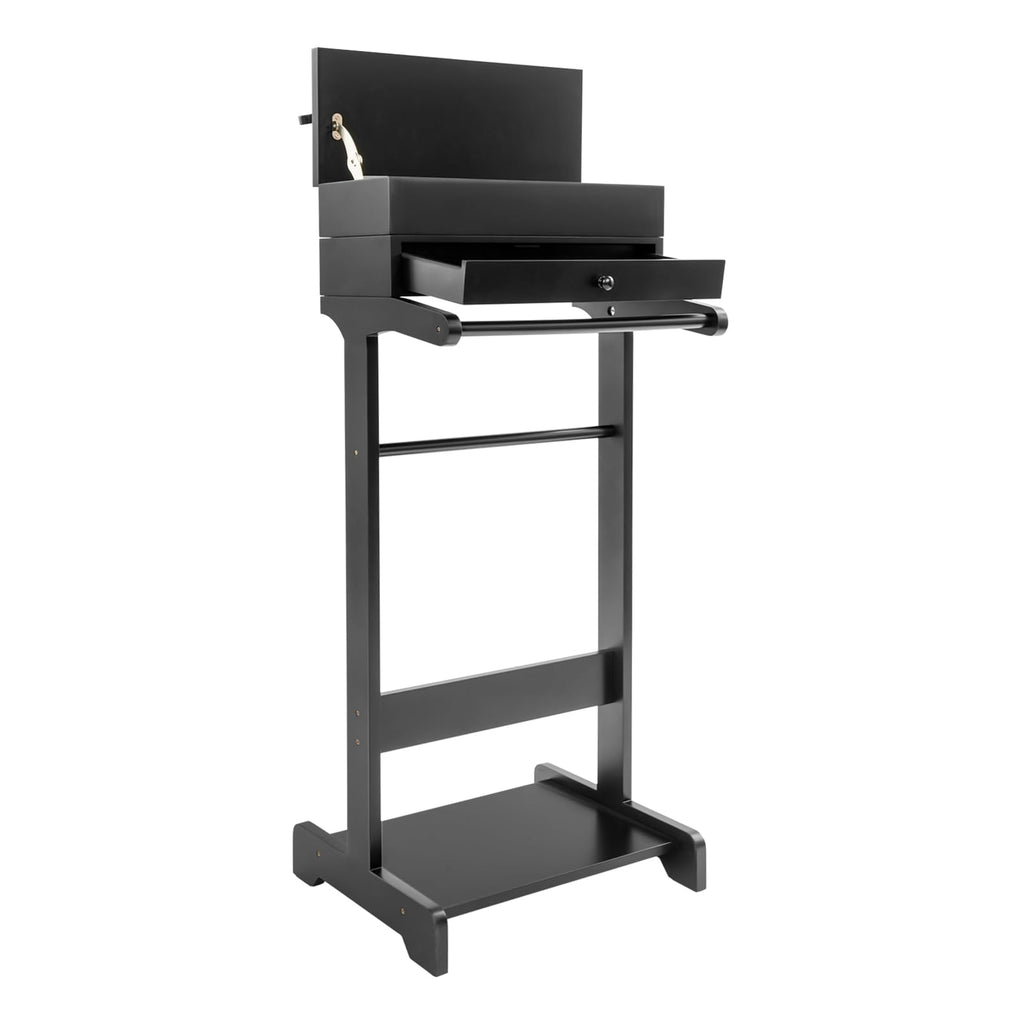Wooden Valet Stand for Men, Black Suit Valet Stand with Drawer, Suit Rack, Shoe Shelf, Valet Clothes Stand Clothing