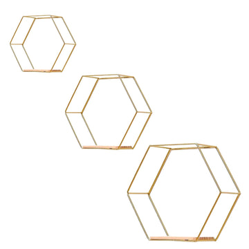 Gold Floating Wall Shelves Set of 3, Metal Hexagon Shelving