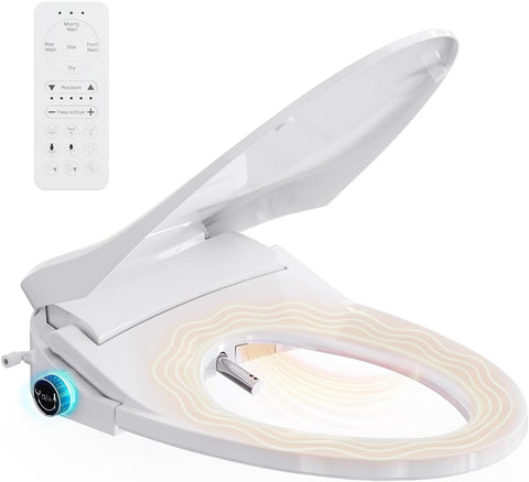 Elongated Smart Heated Bidet Toilet Seat with Unlimited Warm Water, Air Dryer, Adjustable Water Pressure, Self-Cleaning Nozzle, Night Light, Slow-Close Lid