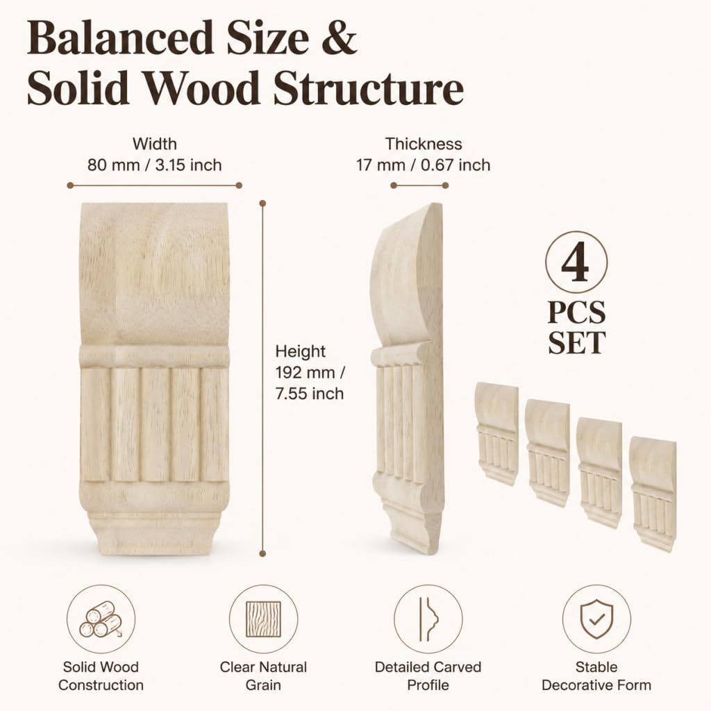 Rubber Wood Carved Corbels, 4PCS 7.55in Unfinished Decor Brackets
