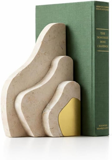 Modern Stone Wave Bookend with Gold Accent - Sculptural Shelf Decor, Heavy Minimalist Book Holder, Contemporary Home
