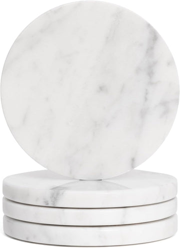White Drink Coasters, 4-Inch Exquisite Marble Stone Coasters, Natural Stone Design - Set of 4