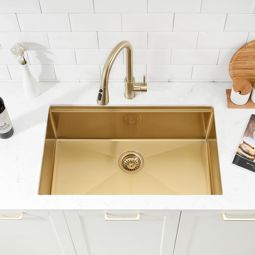 30 Inch Undermount Gold Kitchen Sink, 30x19 Undermount Workstation Sink 16 Gauge Stainless Steel Single Bowl