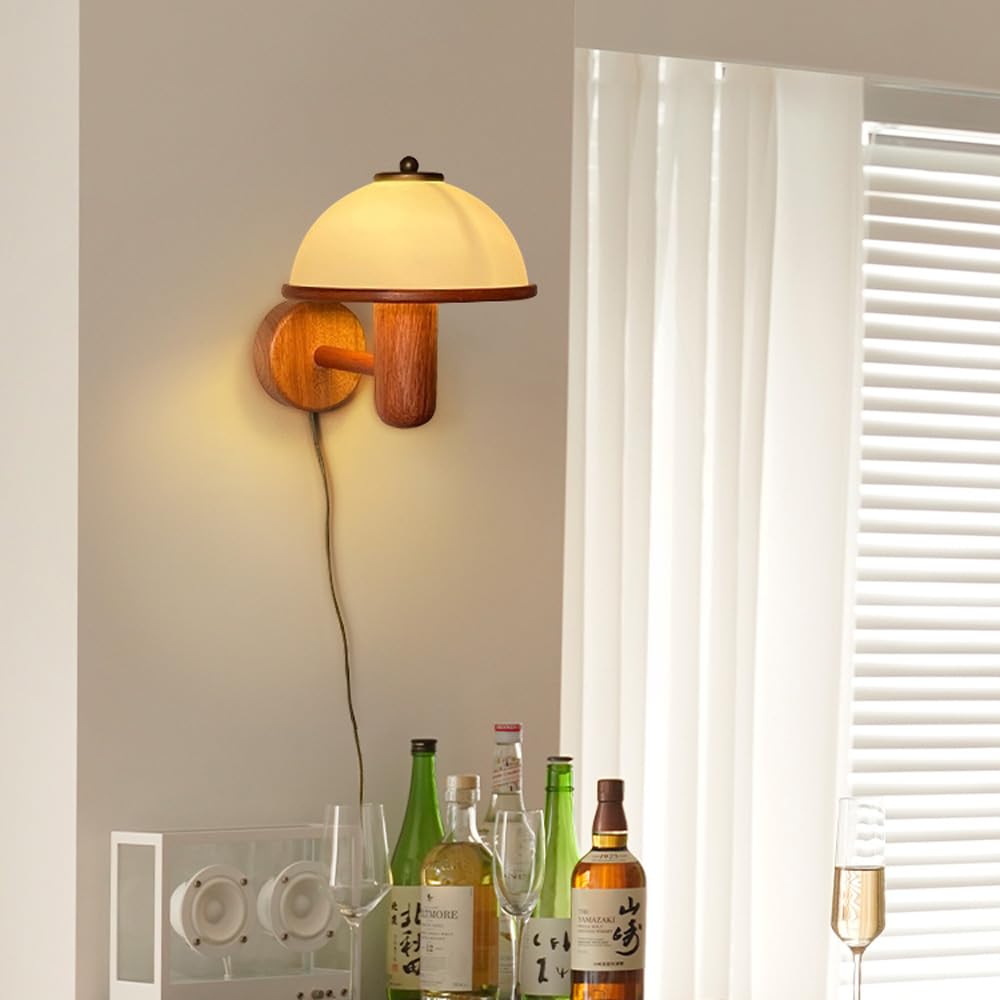 Renter Friendly Plug in Modern Wall Sconce Mid Century with White Milk Shade Rustic Wood Wall Mount Light Hardwired