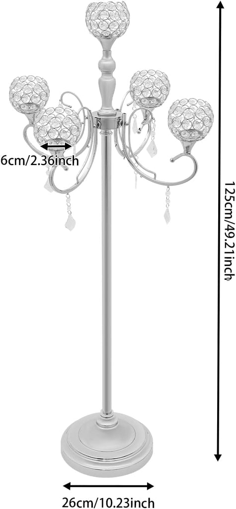 5 Arm Crystal Candelabra Centerpieces 49.21 Inch Tall Freestanding Silver Candle Holder Crystal Candle Standcoration