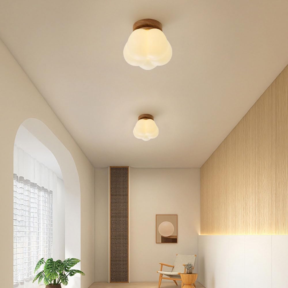 Nordic Cotton Flower Puffy Cloud Semi Flush Mount LED Ceiling Light Natural Solid Wood Base 3 Color Dimmable PE Shade