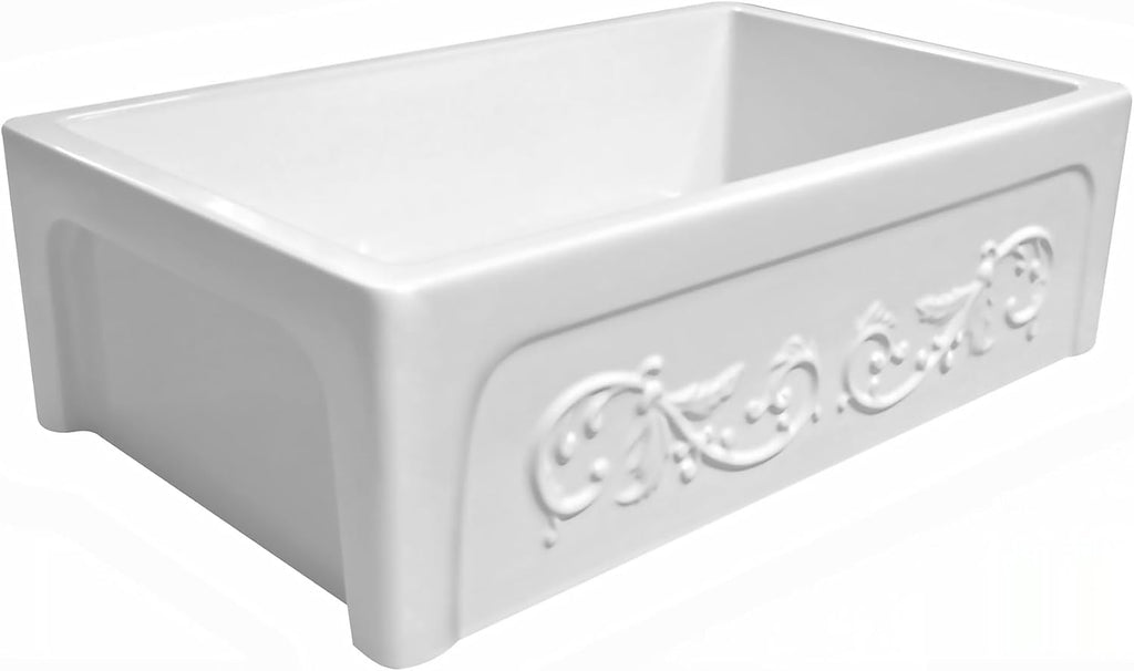 Kitchen Sink; 33" Fireclay Farmhouse Sink, Reversible Apron-Front with Vine Design and Beveled Front, White