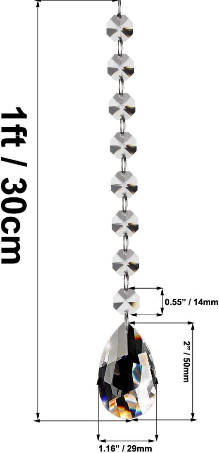 10Pcs 1ft Teardrop Crystal Strands, Hanging Beads Chain Garland, Chandelier Pendants Parts Glass Beads (50mm, Clear)