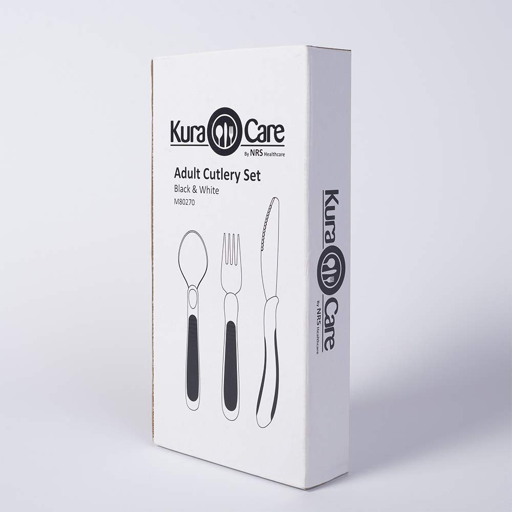 Kura Care Adult Cutlery Set, Easy Grip Set, Black & White