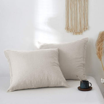 100% French Linen Euro Shams with Embroidery (26'' x 26'') - Pack of 2 - Pre Washed Solid Color Natural Flax Soft
