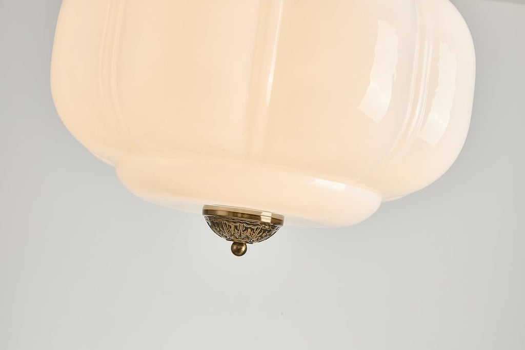 Milk Glass Ceiling Light Fixture, 15" Vintage Semi Flush Mount Pendant Light with Antique Brass Finish, Schoolhouse