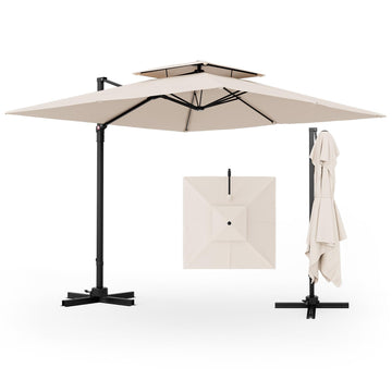 9.5 FT Cantilever Patio Umbrella, Outdoor Square Offset Umbrella with 360° Rotation, Double Top Heavy Duty Patio