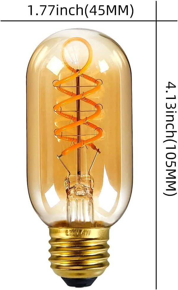 Edison Bulb Led Bulb Vintage 4W Dimmable 110-130V 2000Kelvin Super Yellow Warm Decorative Light Bulb (T45 Spiral