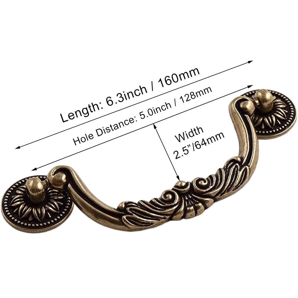 6PCS Antique Bronze Drop Bail Pulls,Vintage Carved Cabinet Pulls Handles,5.0" Hole Centers Retro Drawer Knobs,Texture
