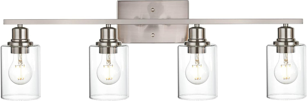 Industrial Brushed Nickel Wall Sconce with Clear Glass Shade and Metal Base,4 Light Bathroom Vanity Lighting Fixture
