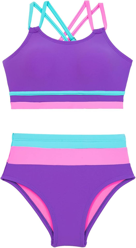 Girls Swimsuit Kids 2 Piece Color Block Bathing Suits