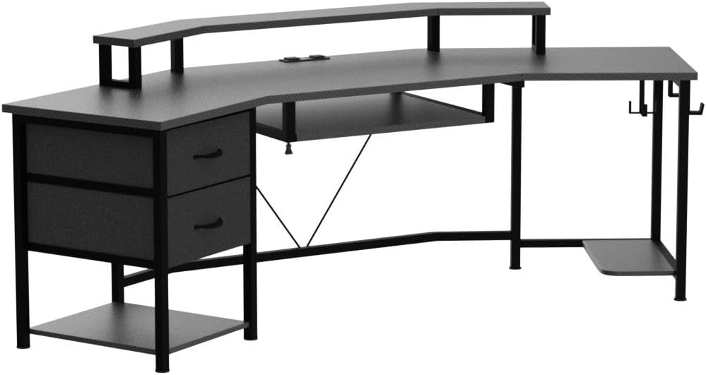 79" Gaming Desk with Fabric Drawers Storage, LED Light & Power Strip | Carbon Fiber Black Long Computer Desk with
